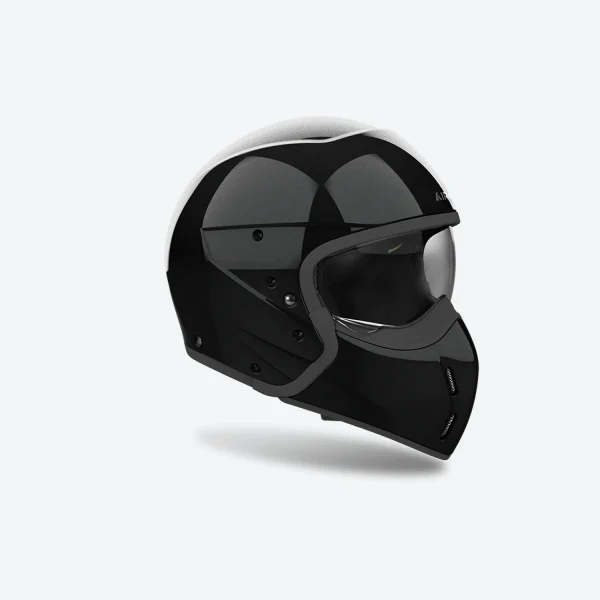 a black motorcycle helmet with a red strap